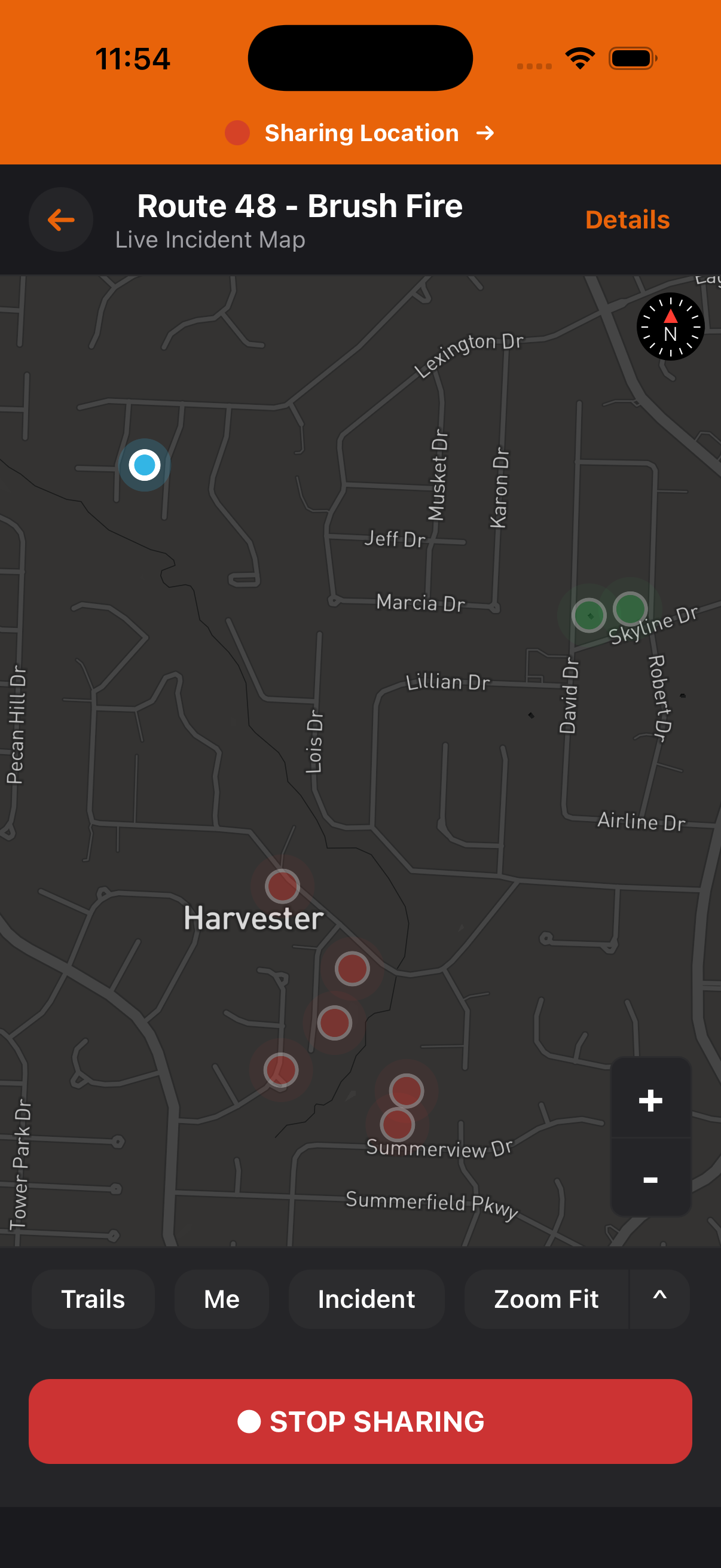Burnover app showing a live incident map with responder locations