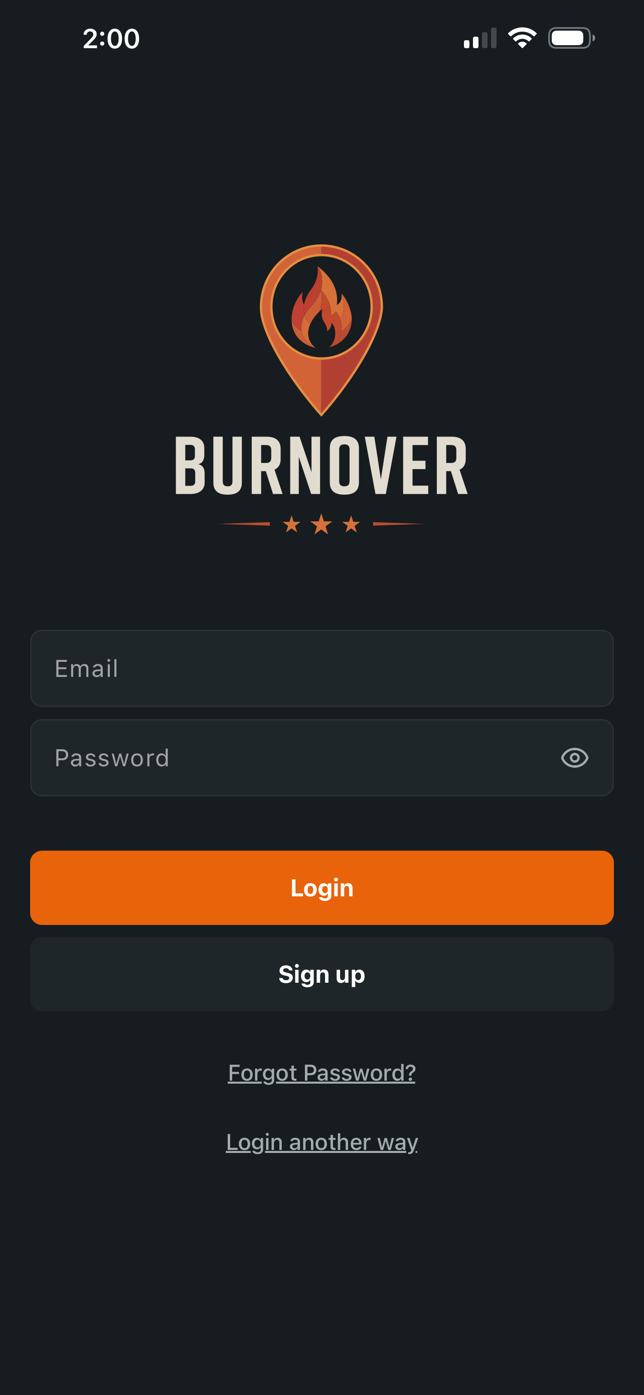 Burnover app login screen with flame logo