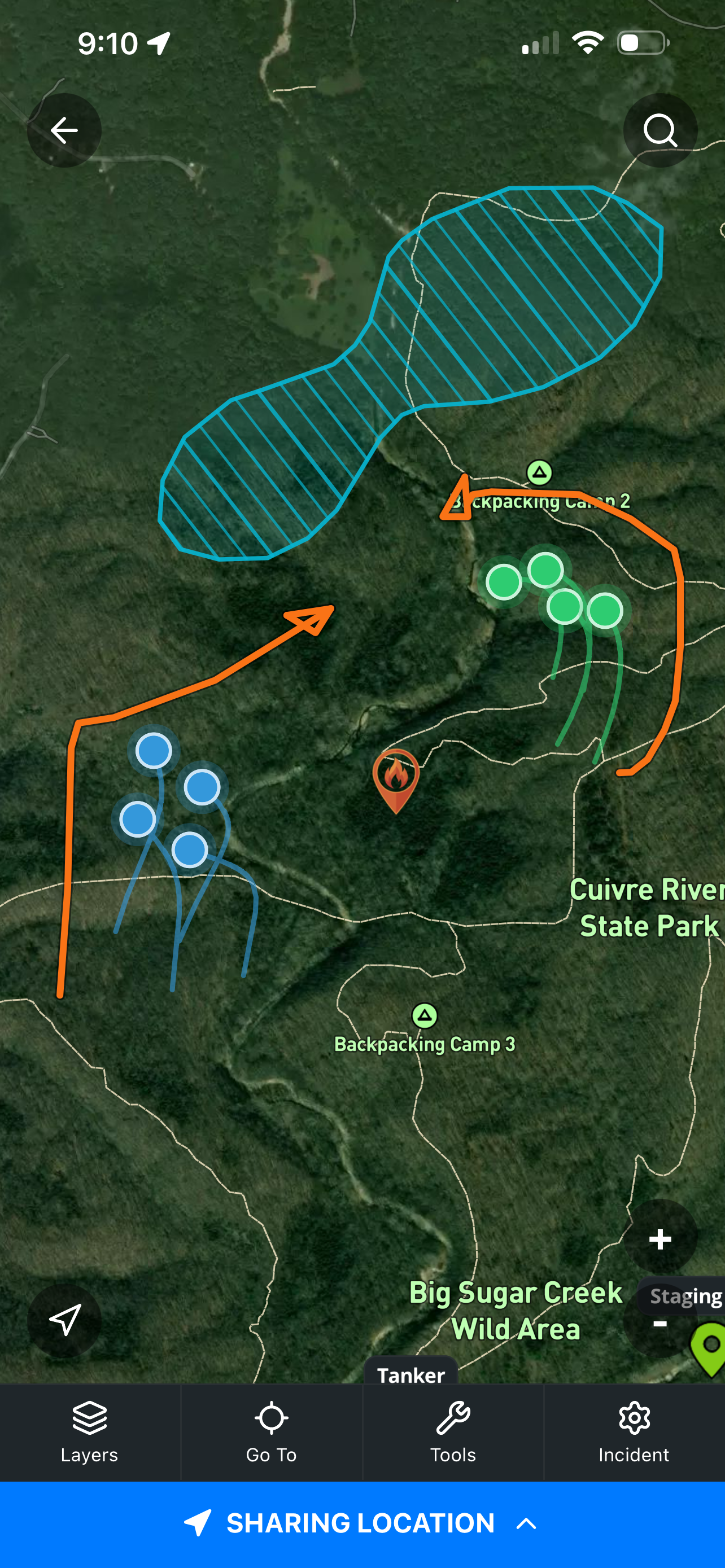 Burnover app showing a live incident map