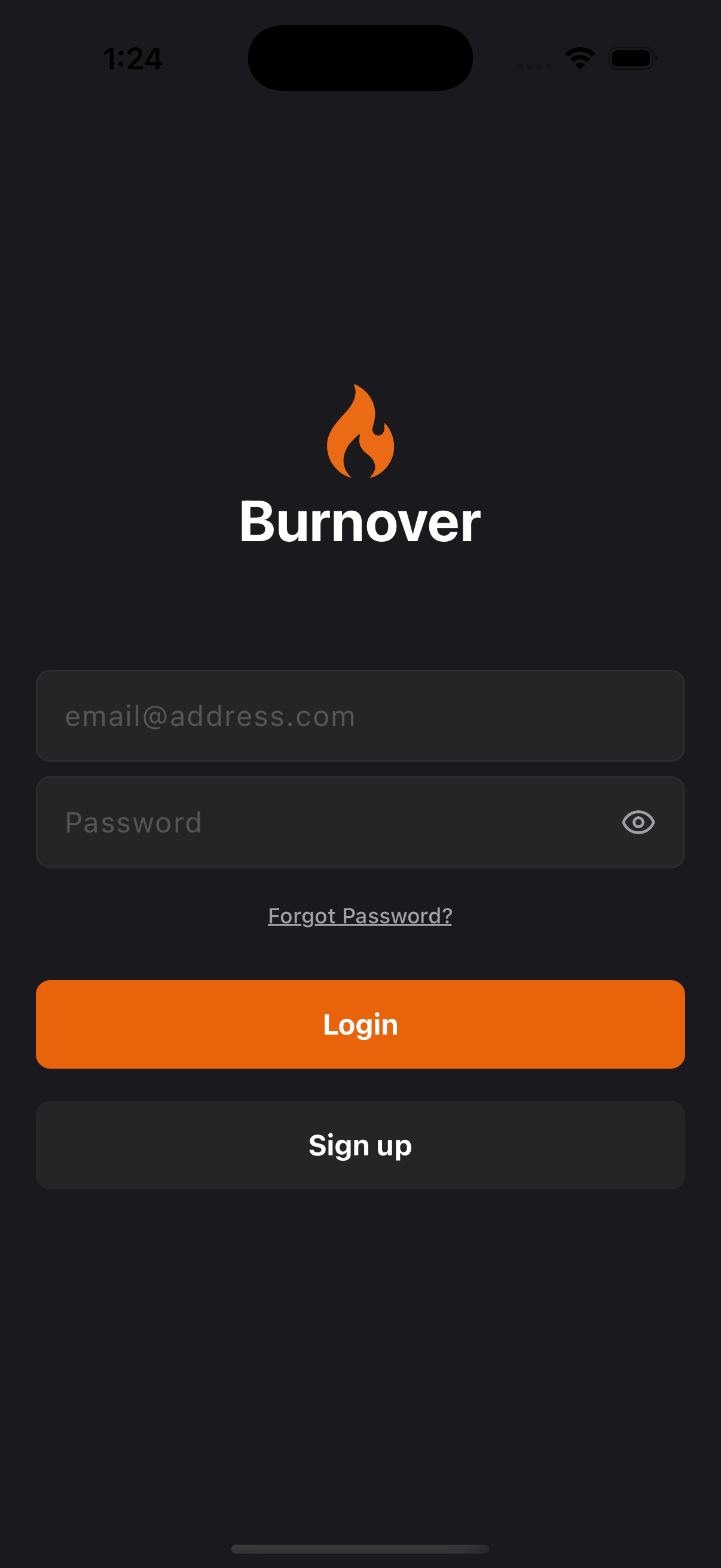 Burnover app login screen with flame logo