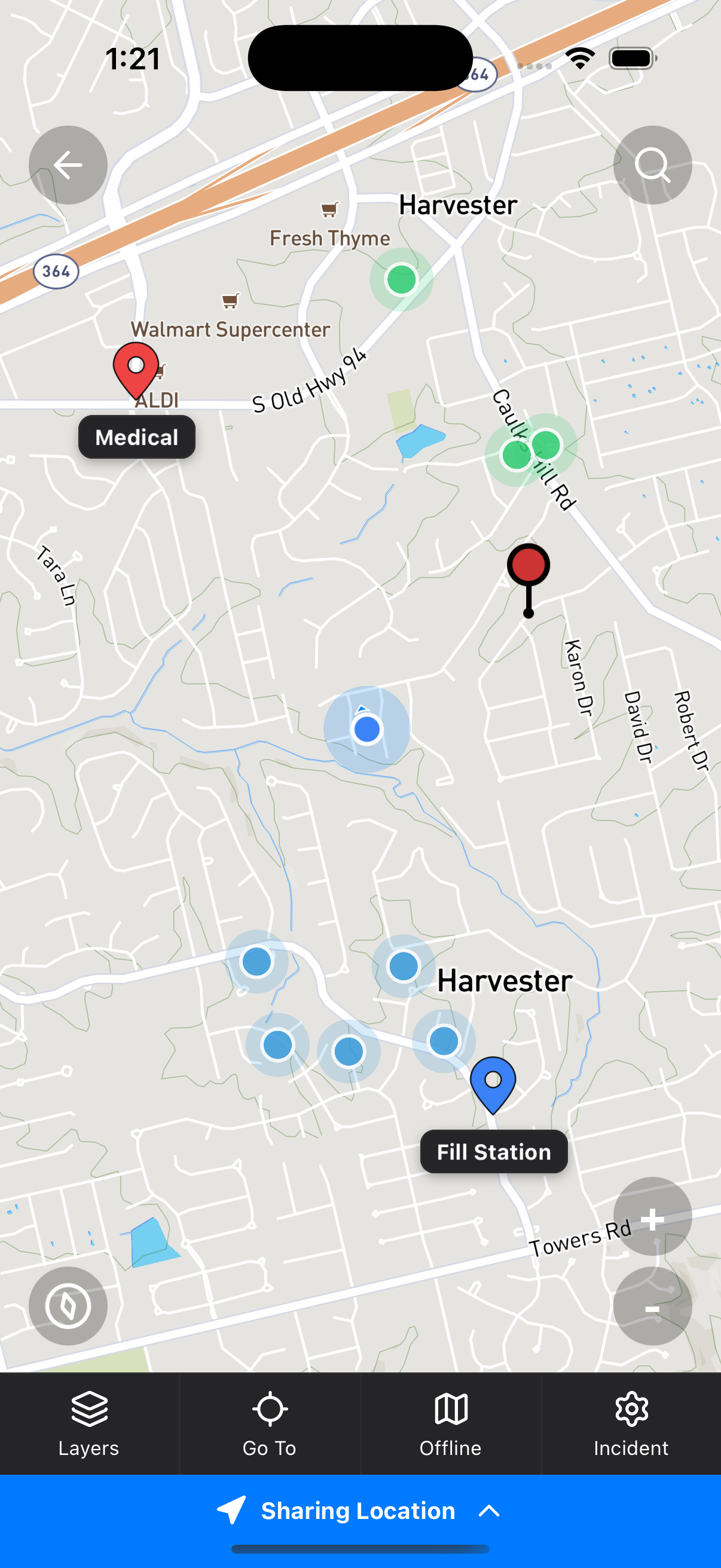 Burnover app showing a live incident map
